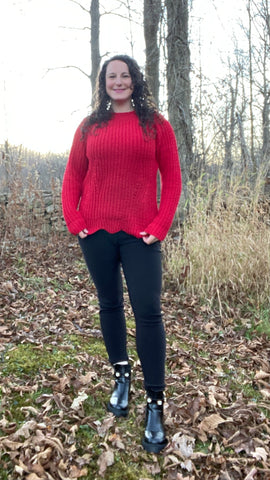 Warm Hearts Knit Scallop Sweater Red