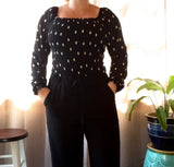 Deville Smocked Polka Dot Top Black